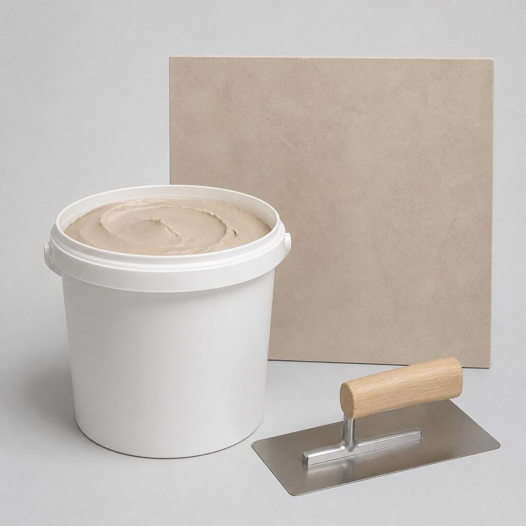 Kit de béton ciré mural beige avec platoir de lissage sur fond clair