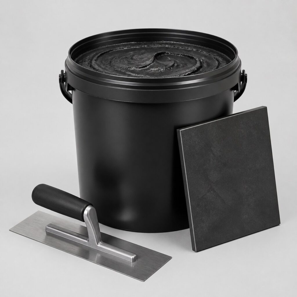 Kit de béton ciré noir et son échantillon mat sur fond gris clair