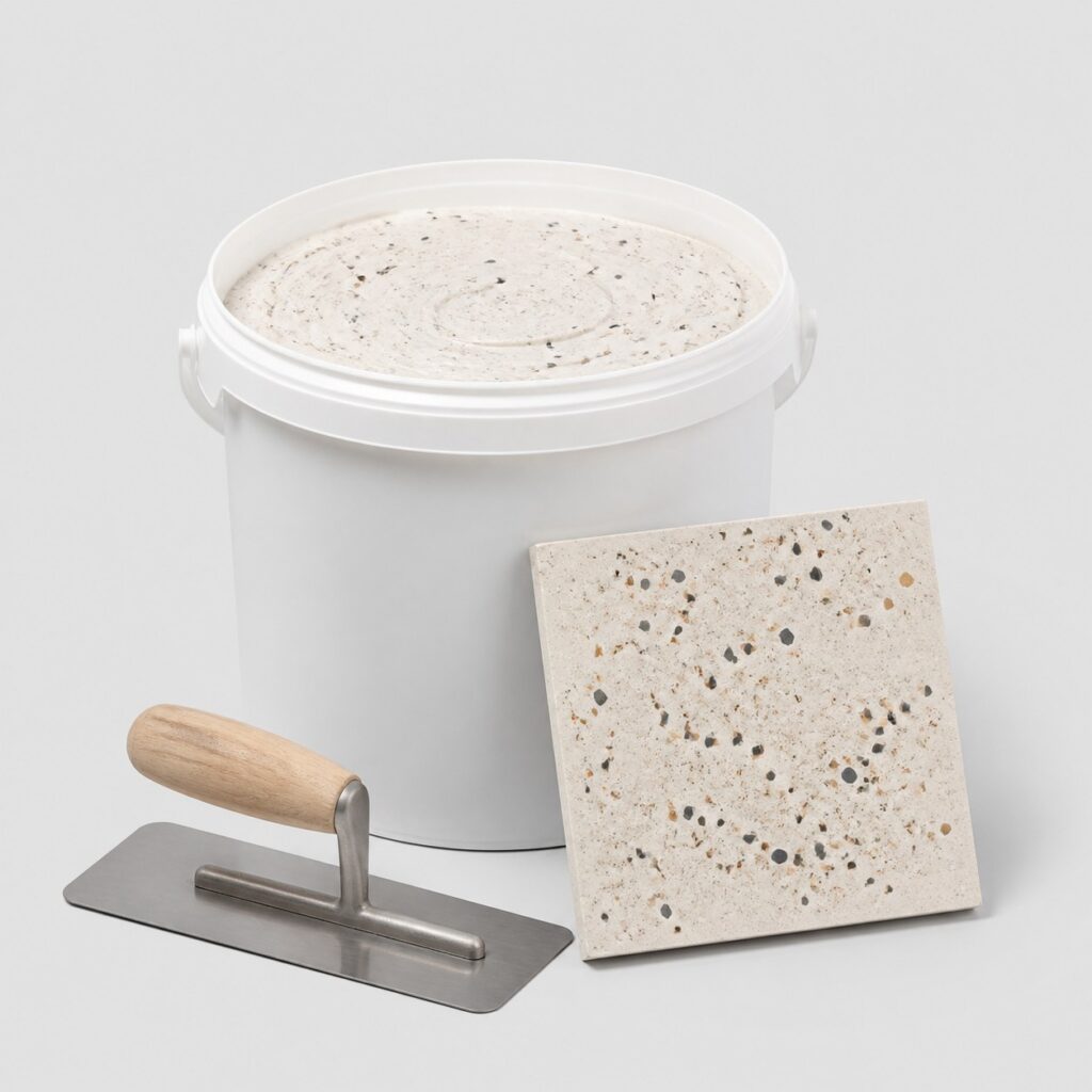 Kit de béton ciré effet terrazzo et son échantillon crème à granulats