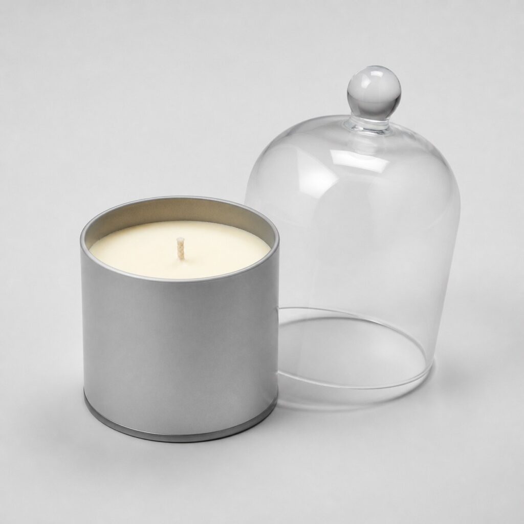 Bougie décorative en contenant de zinc mat sous cloche de verre, fond gris clair