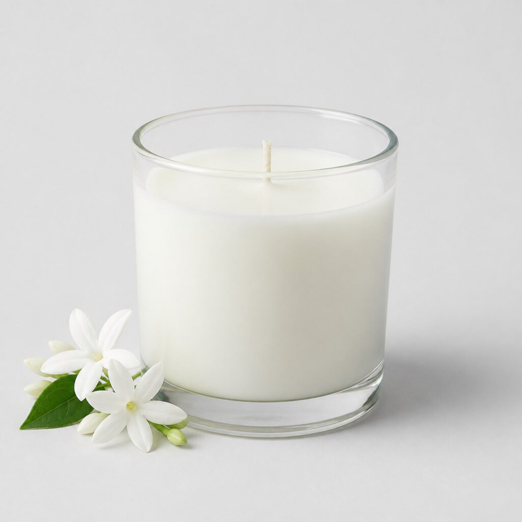 Bougie parfumée florale en pot de verre avec fleurs blanches, fond gris clair