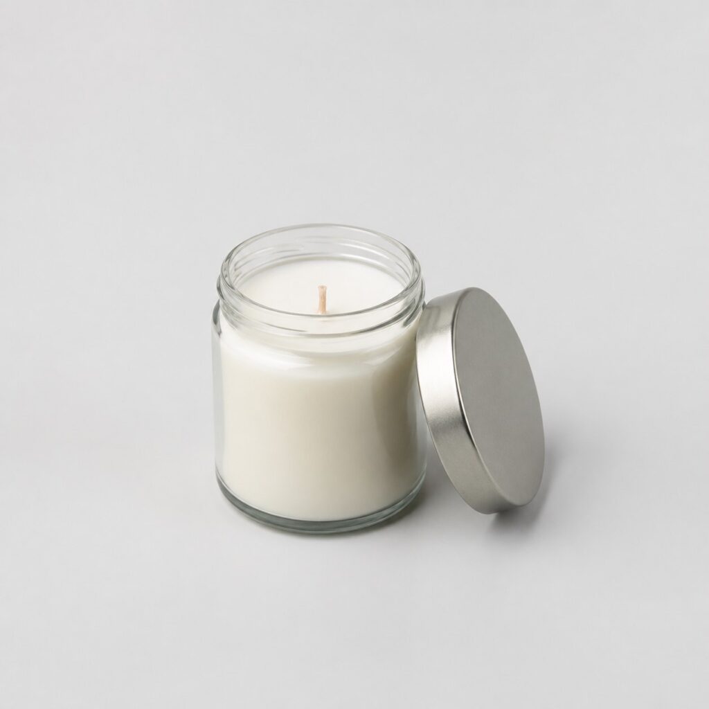 Petite bougie parfumée en pot de verre transparent sur fond gris clair