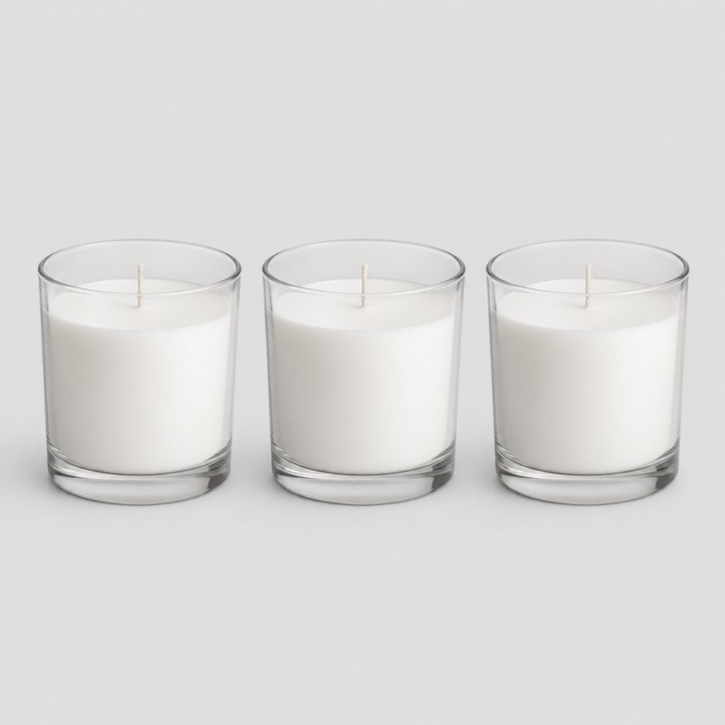 Trois bougies parfumées identiques en pots de verre sur fond gris clair