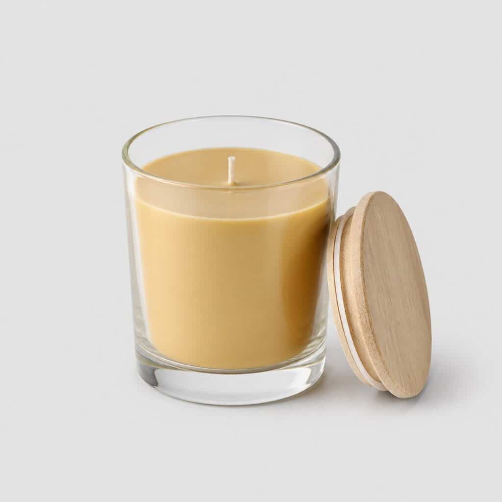 Bougie parfumée à cire beige dorée en pot de verre épais sur fond gris clair
