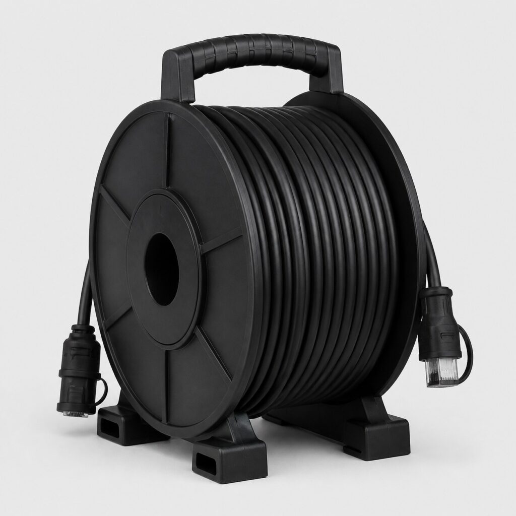 Cable Ethernet exterieur noir enroule sur un touret sur fond gris clair