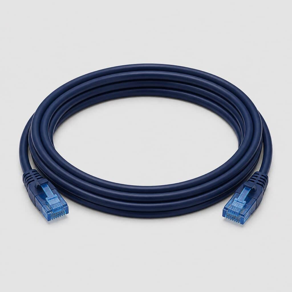 Cable Ethernet bleu nuit love en couronne sur fond gris tres clair