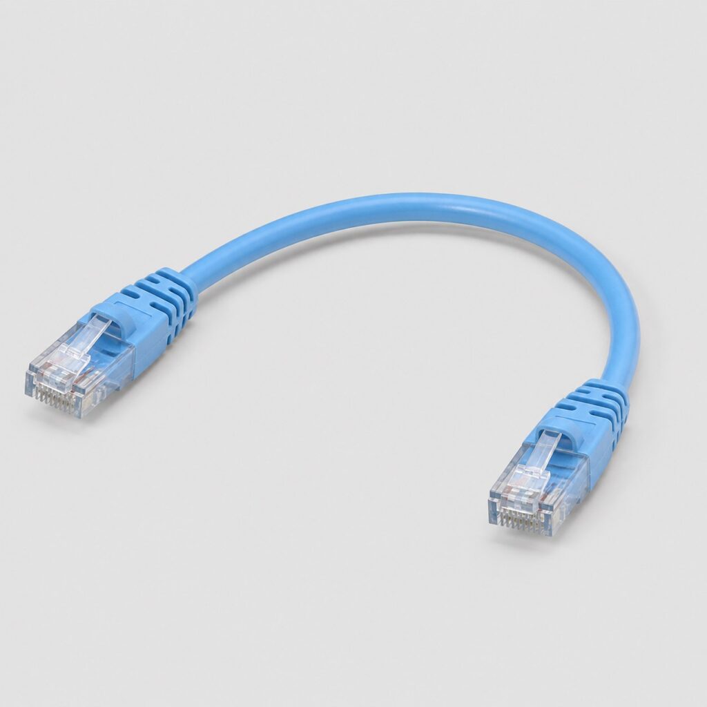 Cordon Ethernet court bleu clair a connecteurs a clip sur fond gris clair