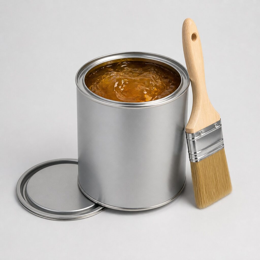 Pot de décapant peinture pour bois au gel ambré, sur fond gris clair
