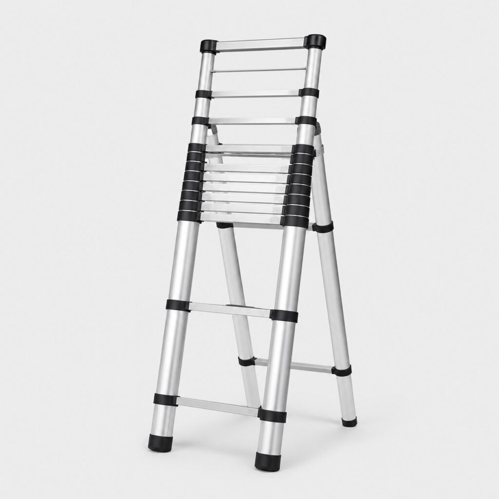 Petite échelle télescopique de 3 m à silhouette compacte sur fond gris clair
