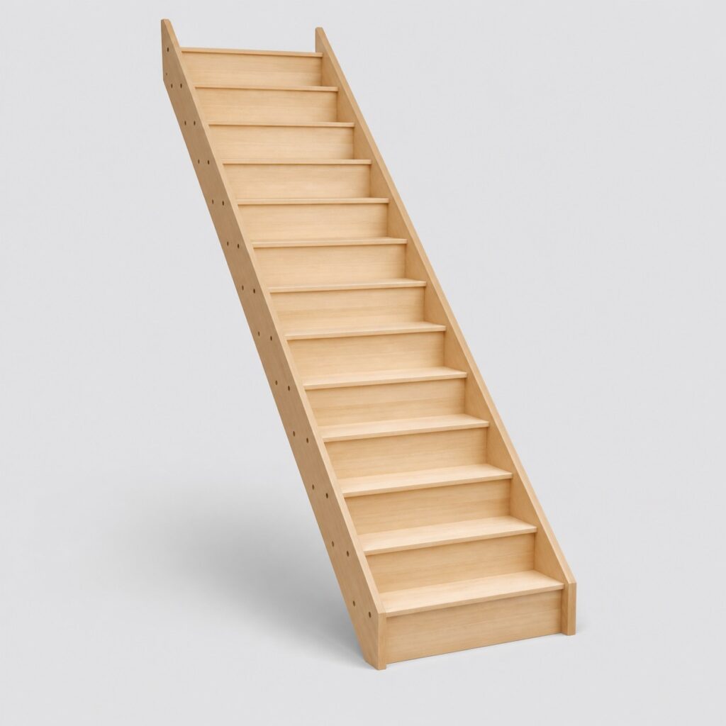 Escalier bois en kit assemblé, vu de trois quarts sur fond uni