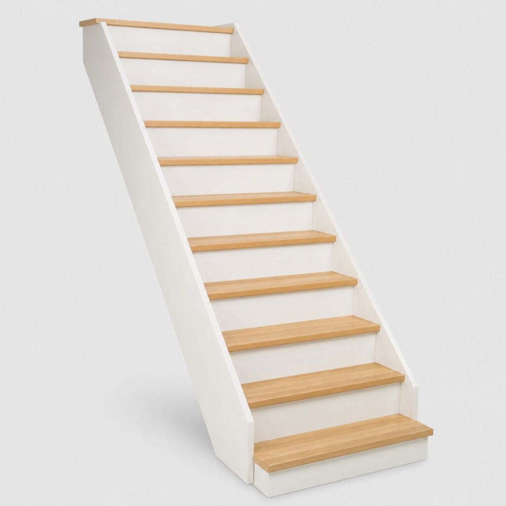 Escalier bicolore à marches bois et limon laqué blanc, fond uni