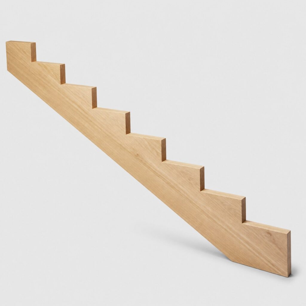 Limon d'escalier en bois clair cranté, vu sur fond gris uni