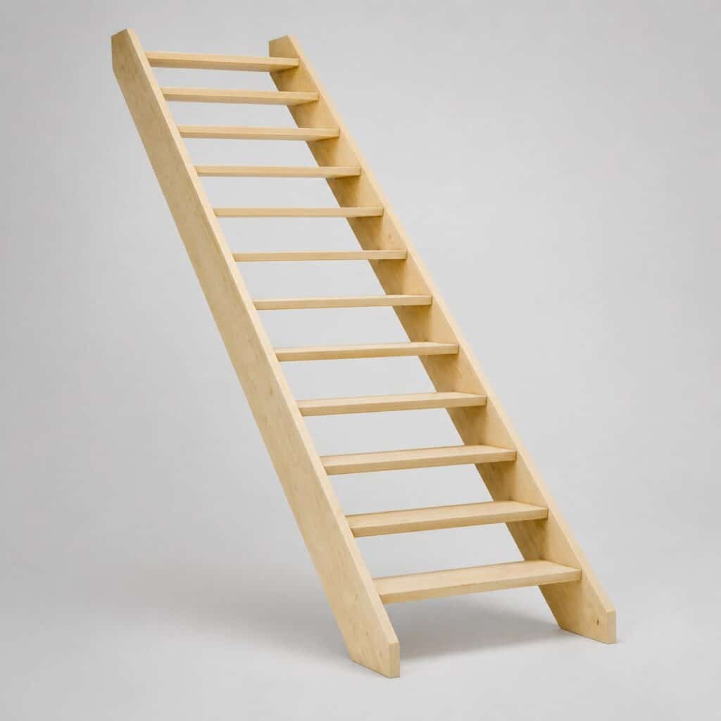 Escalier droit en bois massif clair sur fond gris uni