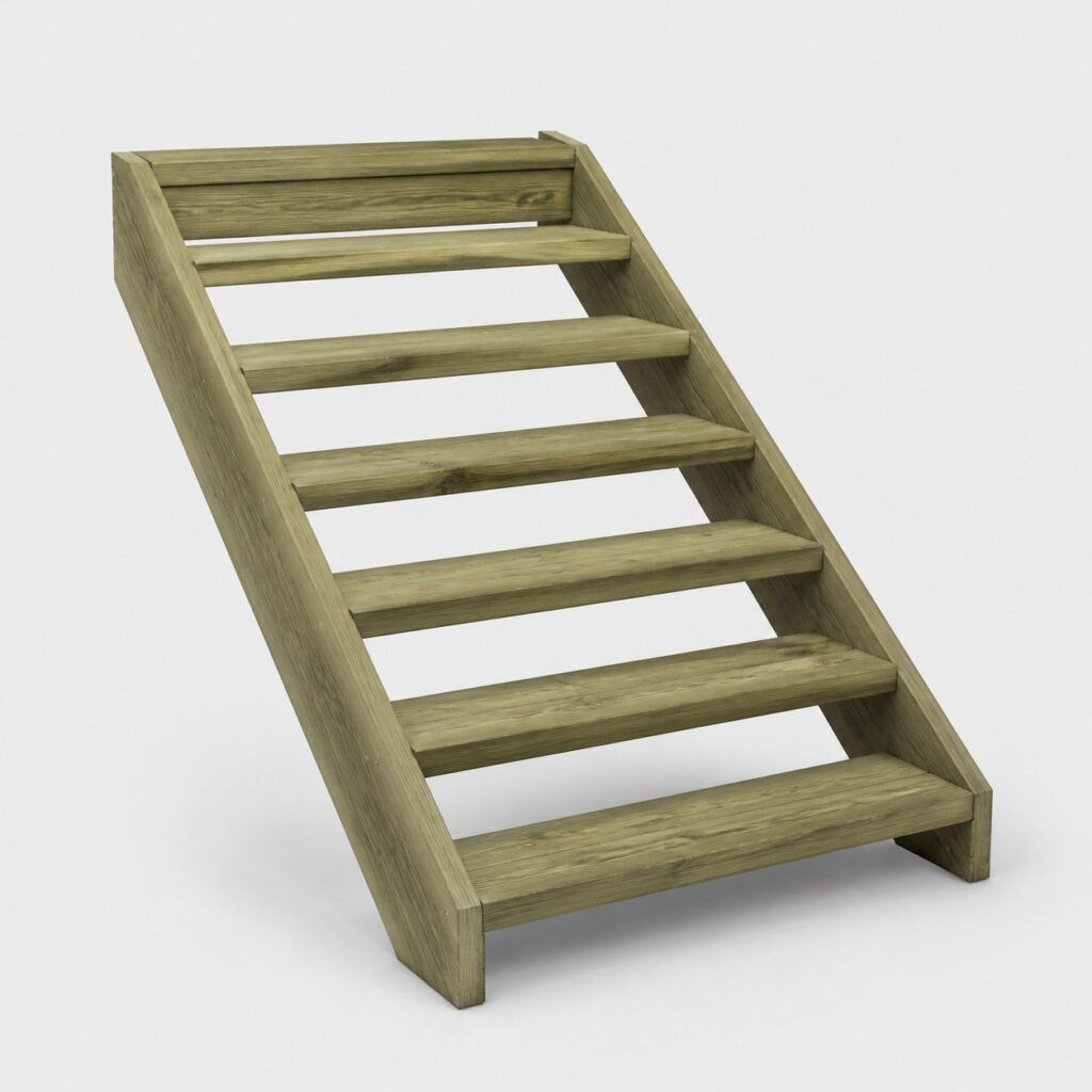Escalier extérieur en pin traité autoclave sur fond gris uni