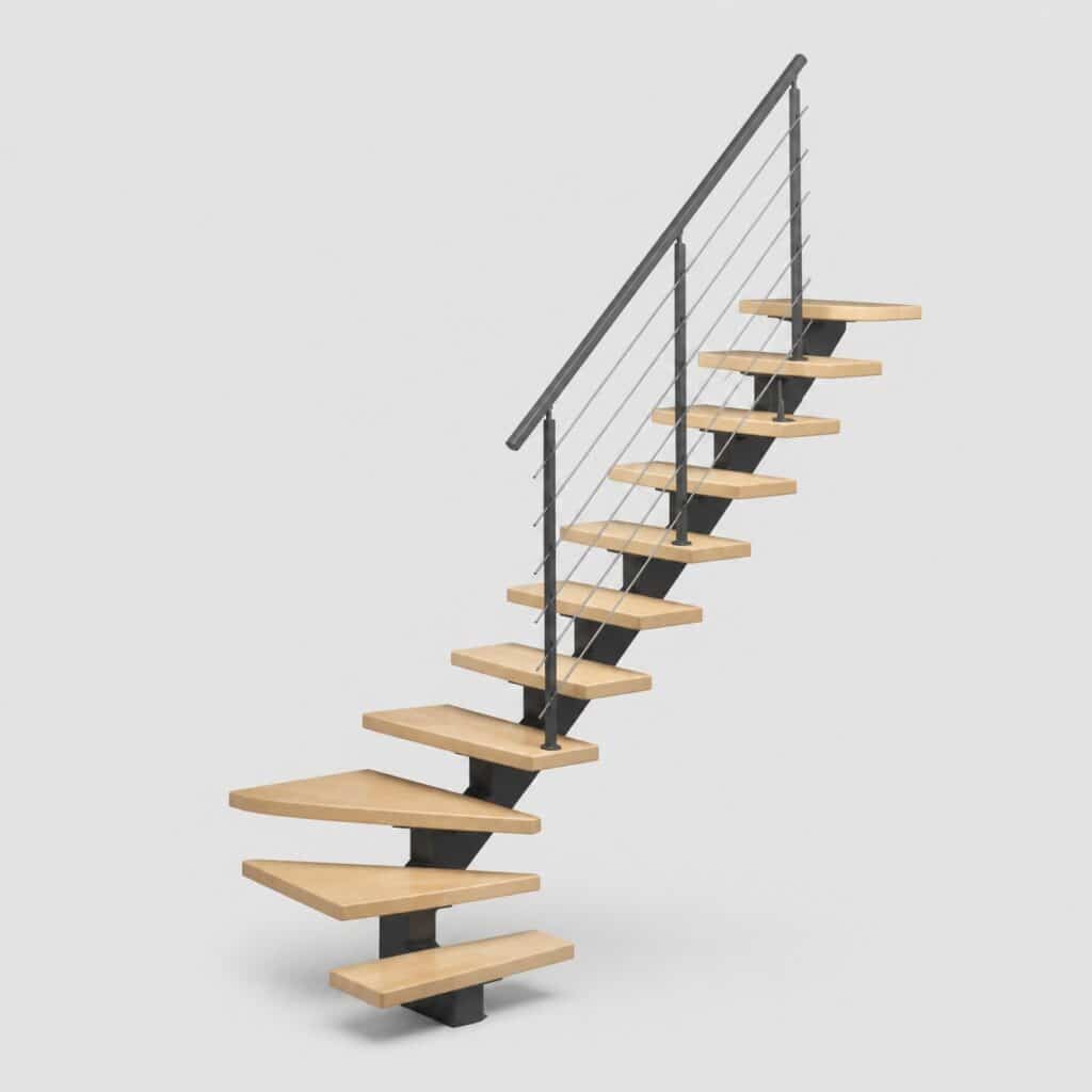 Escalier quart tournant à limon acier et marches hêtre, tournant en bas