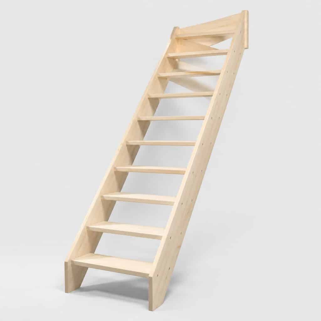 Escalier quart tournant en sapin clair à assemblage symétrique réversible