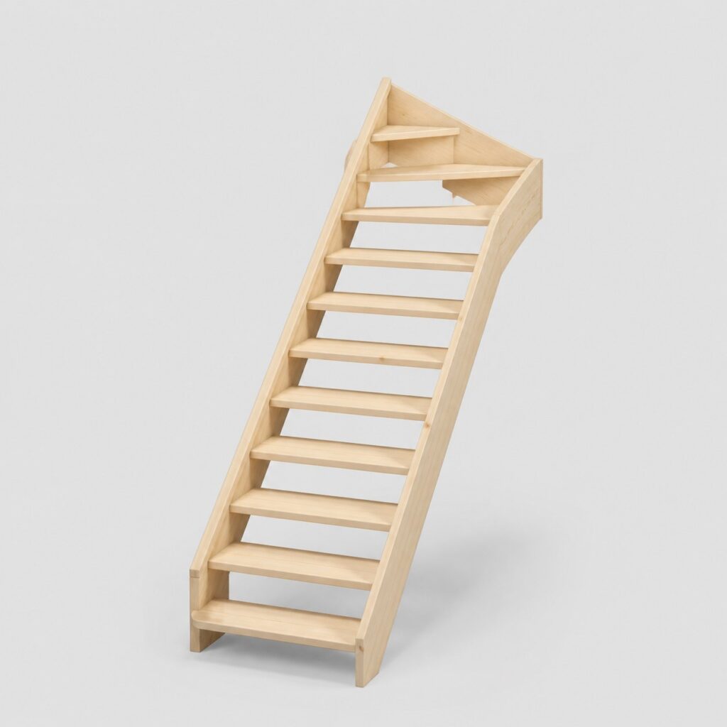 Escalier quart tournant en sapin clair avec le tournant en partie haute