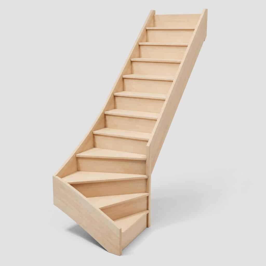 Escalier quart tournant en bois clair livré nu, sans garde-corps ni rampe