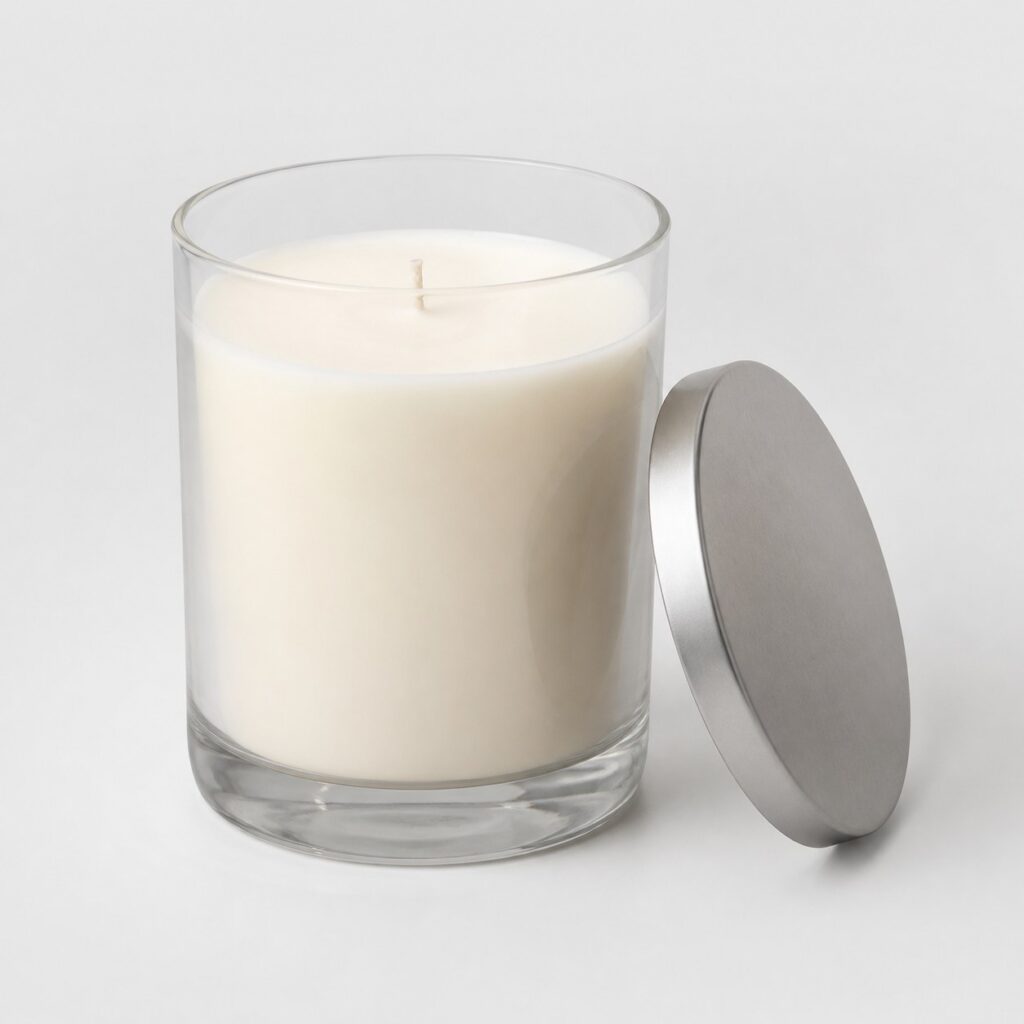 Grande bougie parfumée en pot cylindrique de verre épais sur fond gris clair
