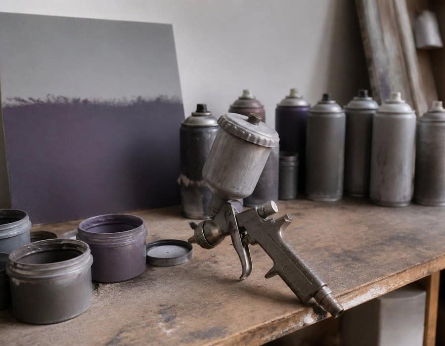 Atelier de peinture : pistolet, pots et aérosols