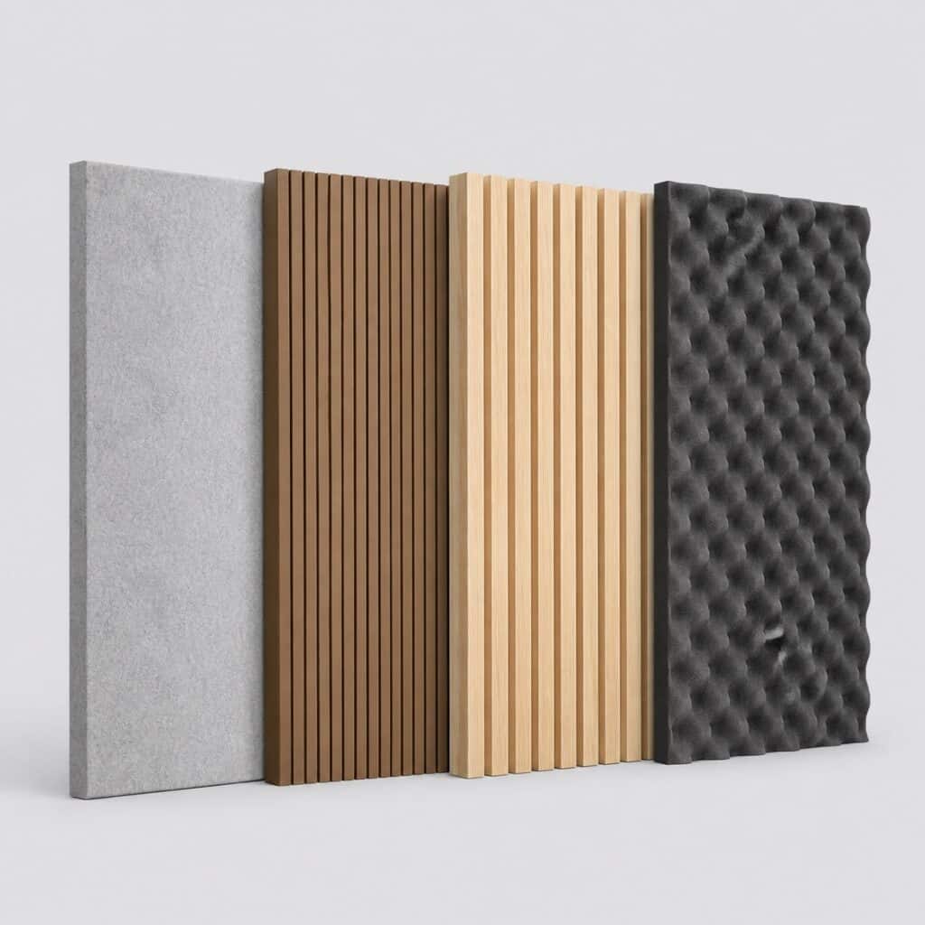 Quatre panneaux muraux de matières différentes sur fond gris clair