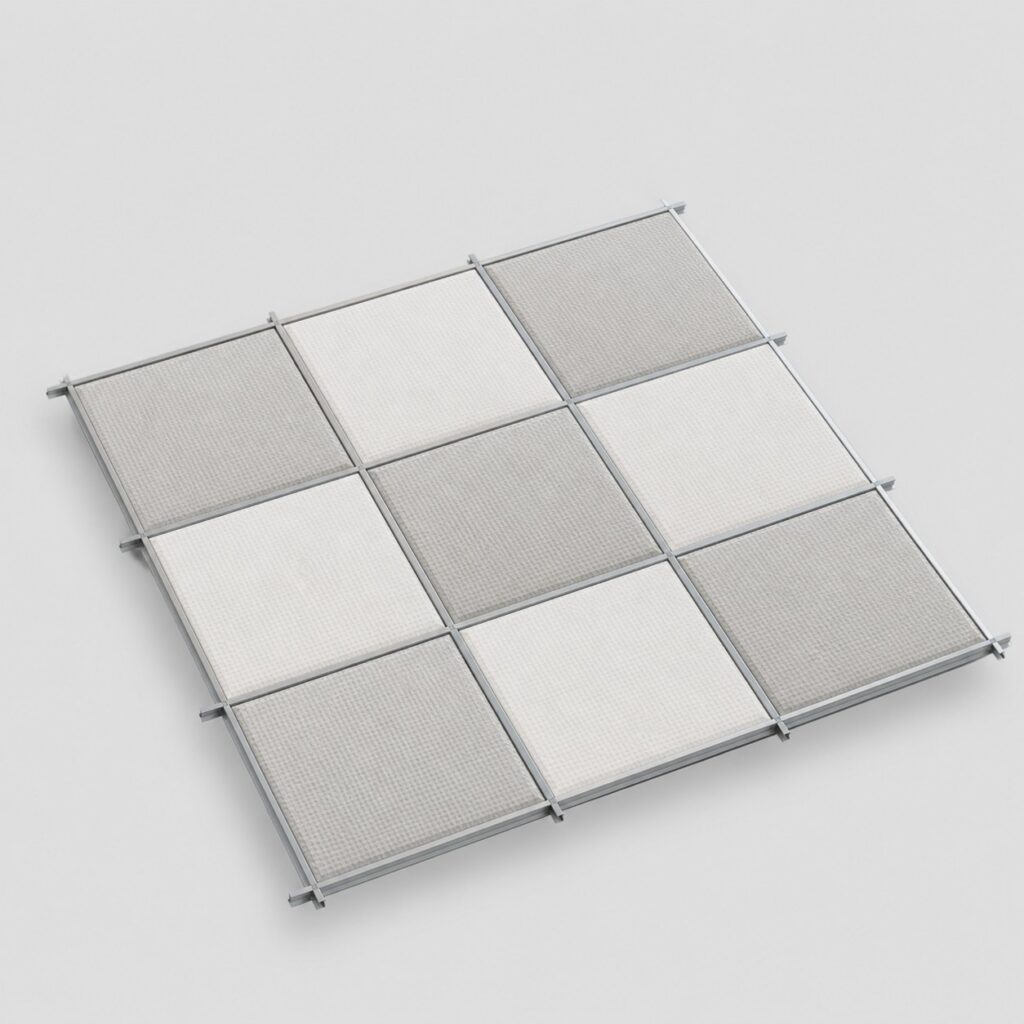 Panneaux de plafond alvéolés blancs et gris sur fond gris clair