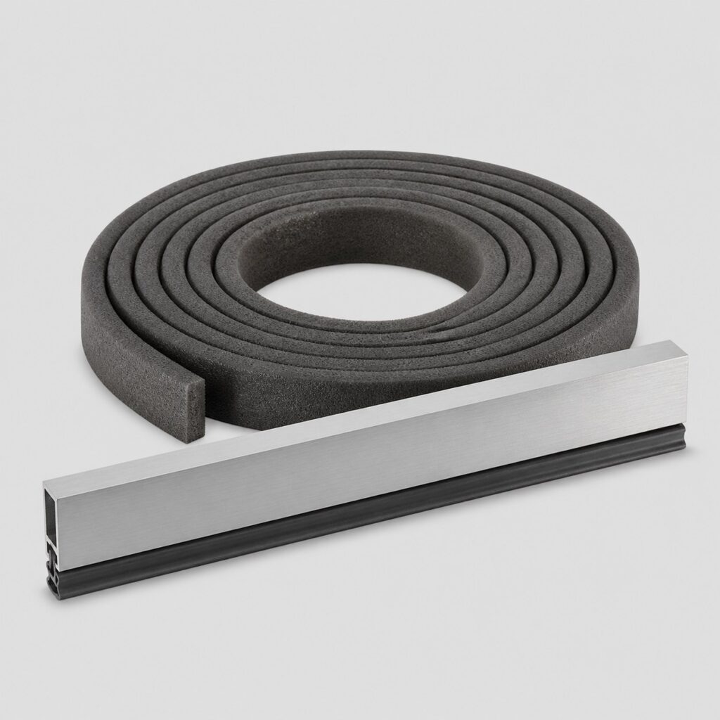 Joint de feuillure et barre de bas de porte sur fond gris clair