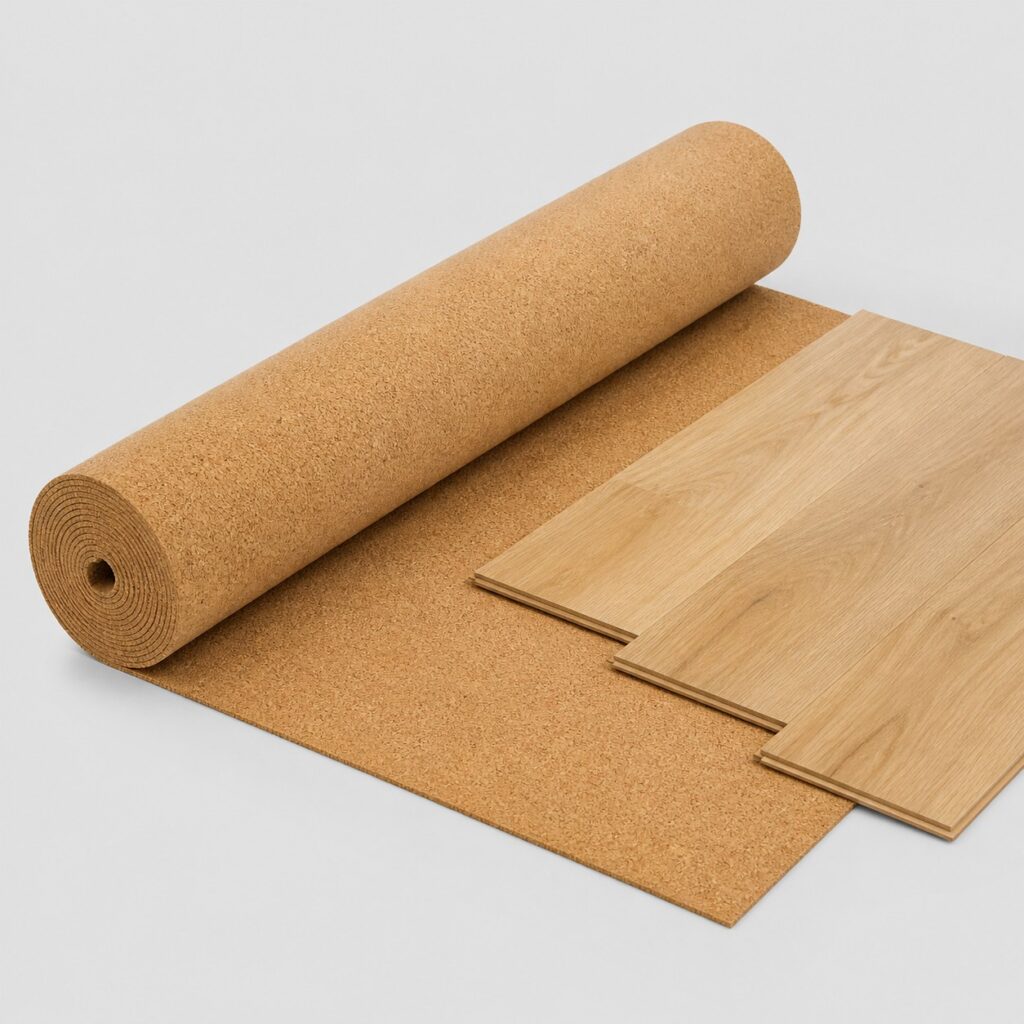 Rouleau de sous-couche en liège naturel sur fond gris clair