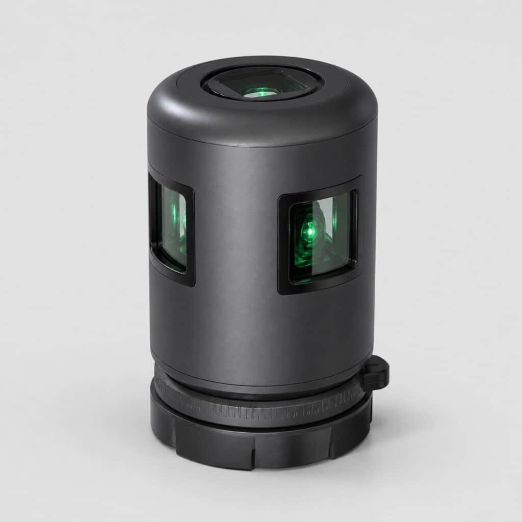 Niveau laser 3 lignes à boîtier cylindrique vertical sur fond gris clair