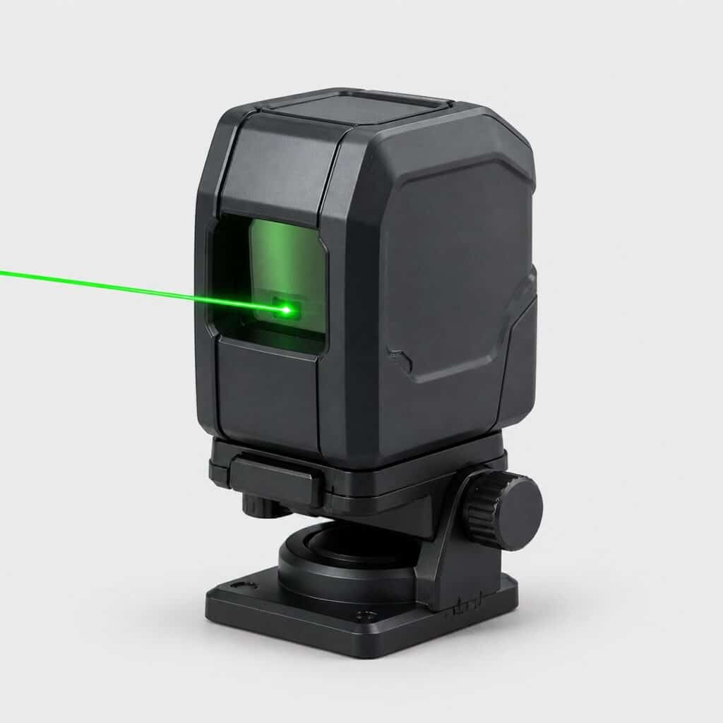 Niveau laser à faisceau vert et boîtier gris foncé sur fond gris clair