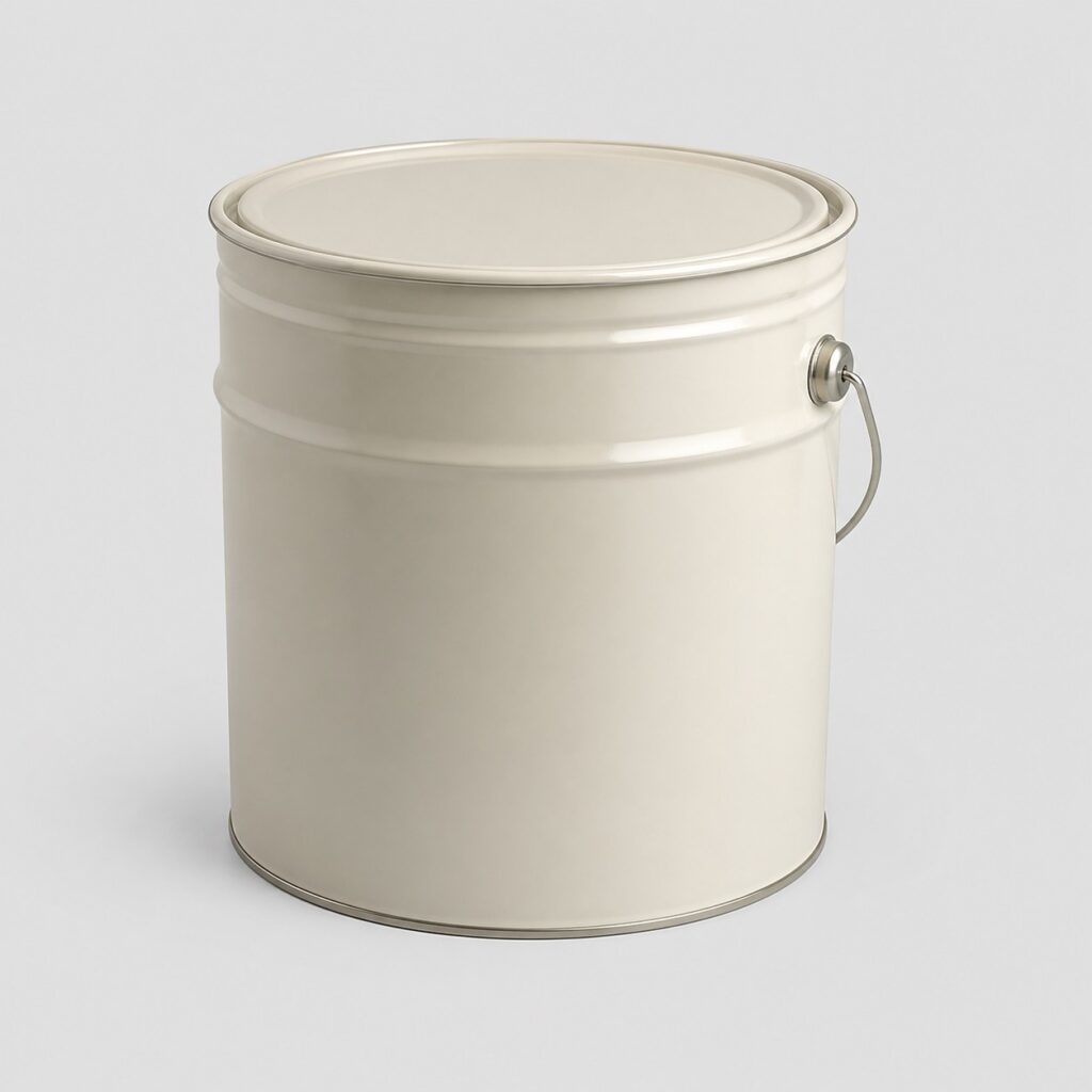Pot de peinture pour sol en bois beige clair sur fond gris très clair