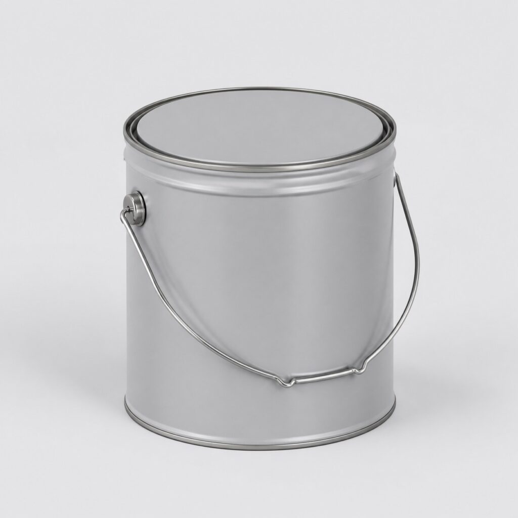 Pot de peinture pour sol extérieur en seau métallique gris clair sur fond neutre