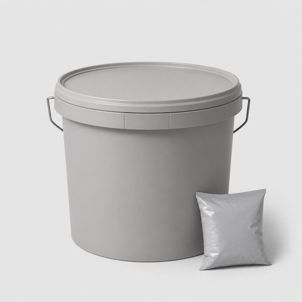 Pot de peinture pour sol béton intérieur et sachet de sous-couche sur fond neutre