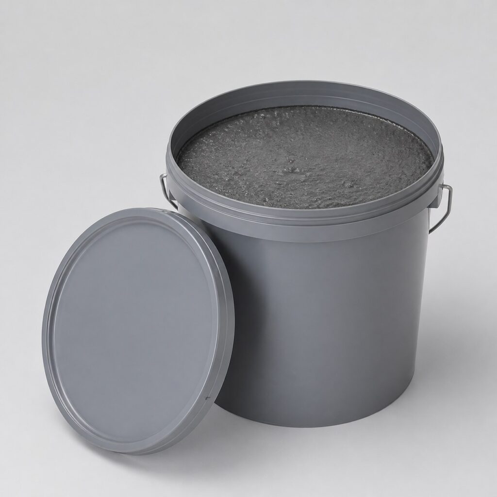 Pot ouvert de peinture de sol chargée en granulat sur fond gris clair