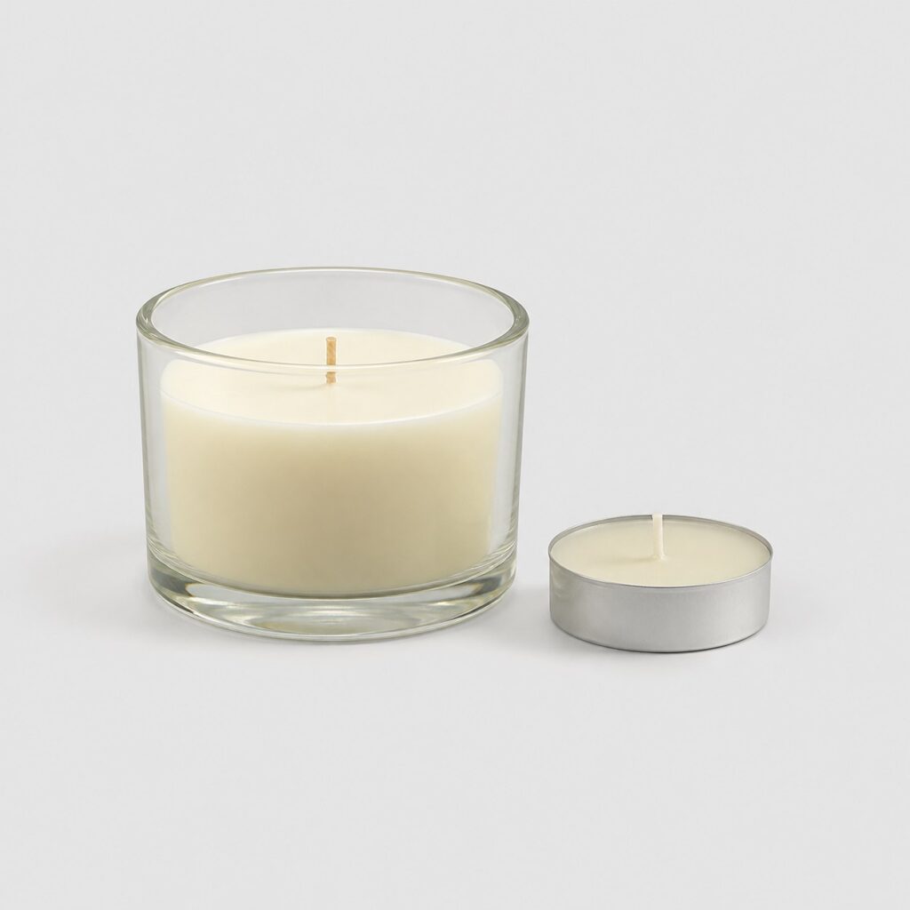 Petite bougie parfumée et chauffe-plat sur fond gris clair