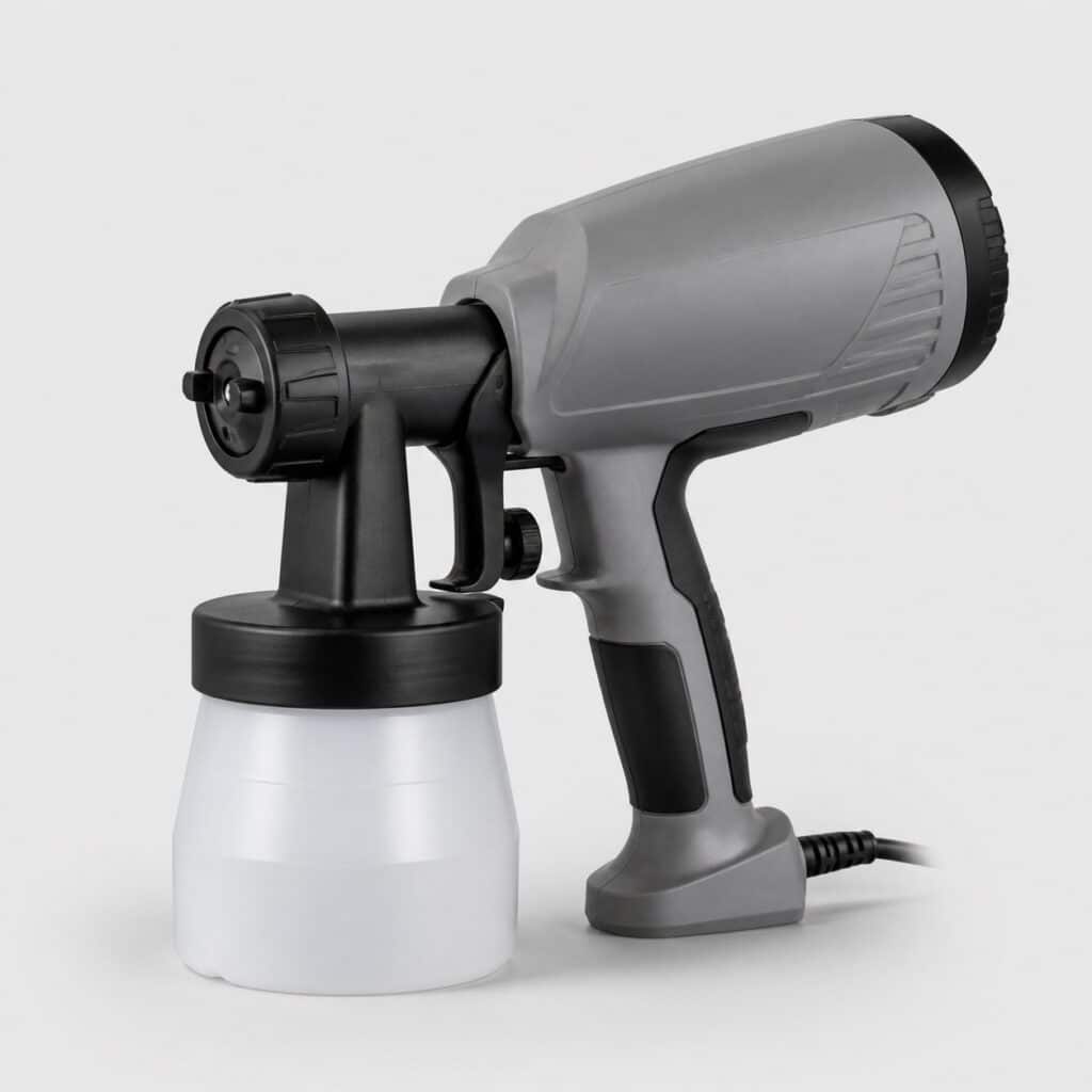 Pistolet de peinture polyvalent à réservoir clipsé sur fond gris clair