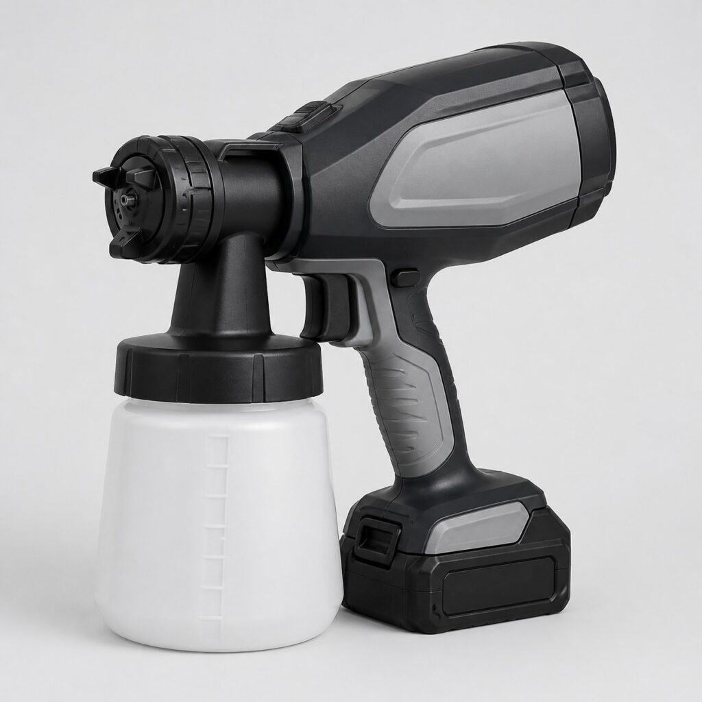 Pistolet à peinture sans fil avec batterie dans la crosse sur fond gris clair
