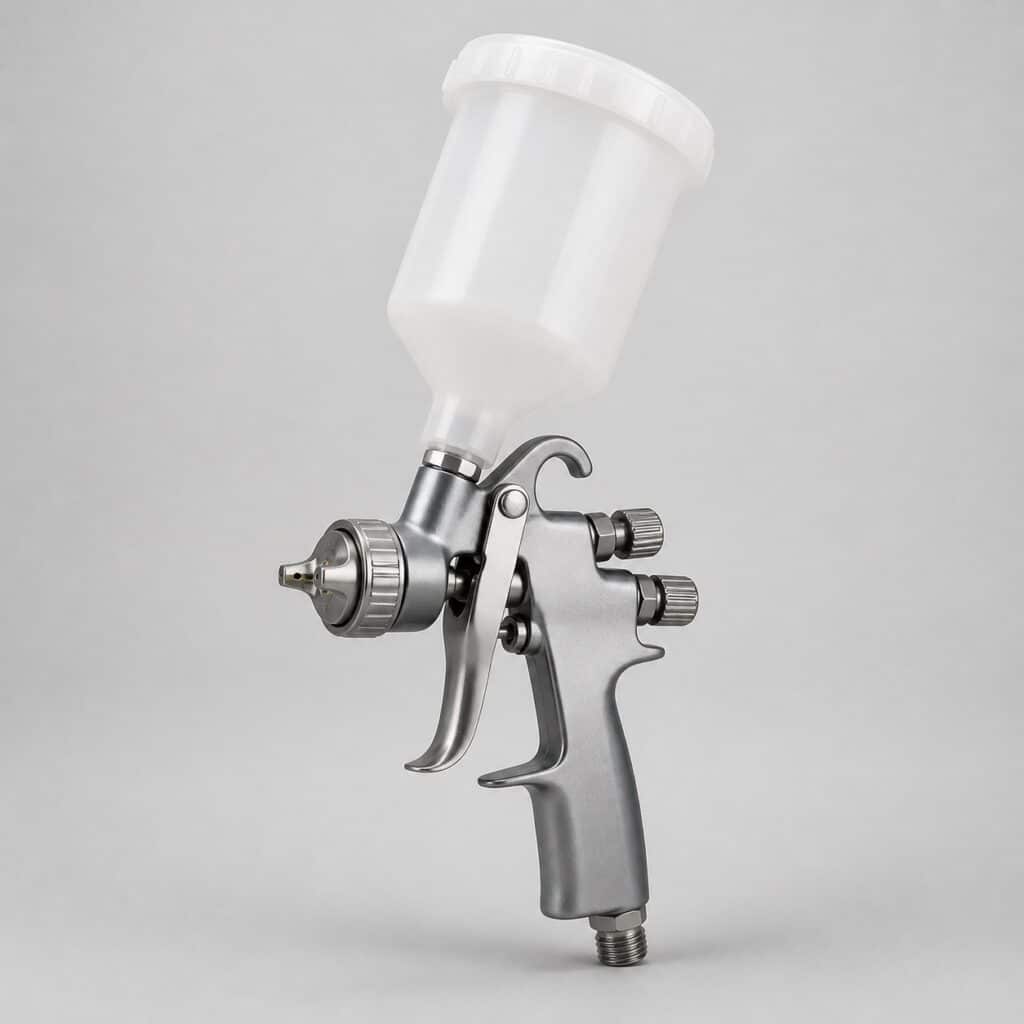 Pistolet à peinture carrosserie à godet gravité sur fond gris clair