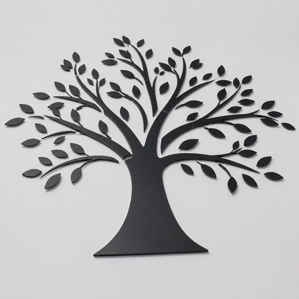 Grand sticker mural arbre de vie en vinyle noir mat sur fond gris clair