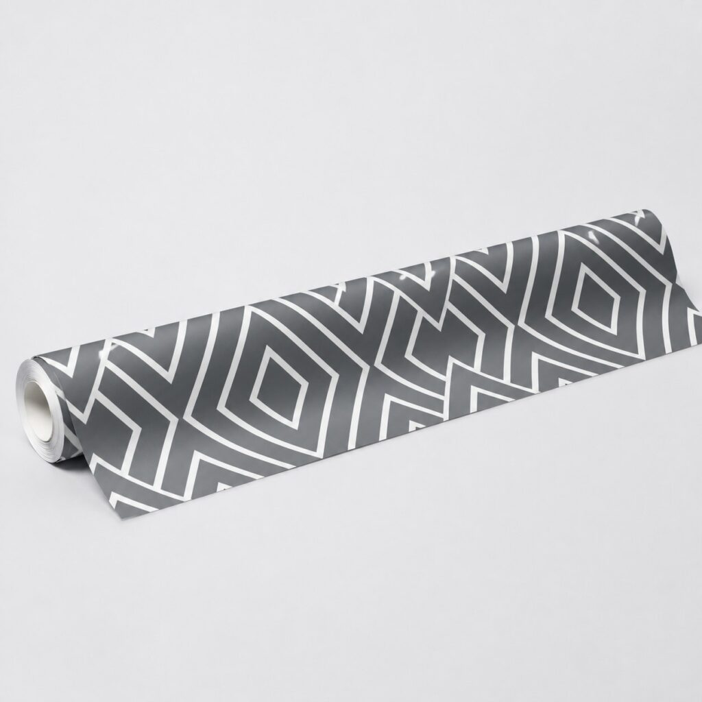 Bande murale adhésive en vinyle gris et blanc à motif linéaire sur fond gris clair