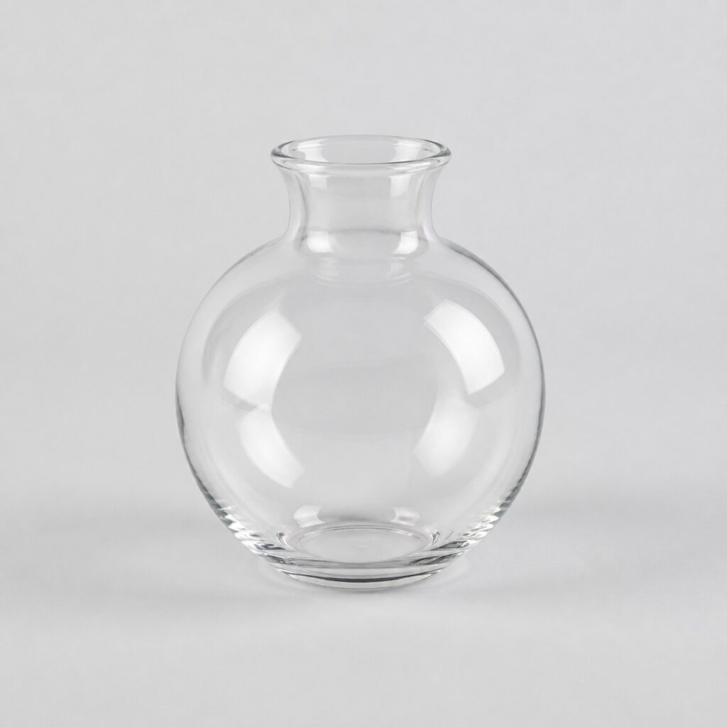 Vase en verre rond à panse bombée et col resserré sur fond gris clair